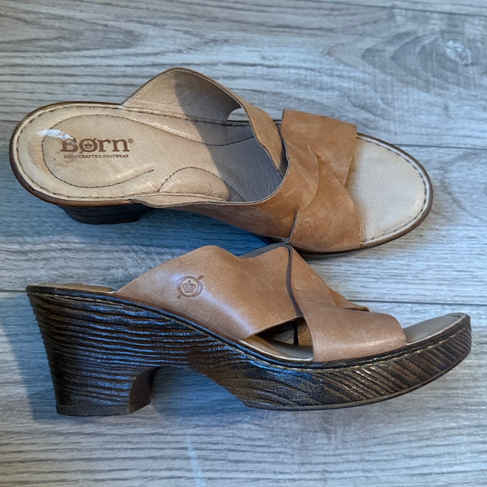 Born cross cross tan leather slide platform heels 9 - Picture 4 of 7